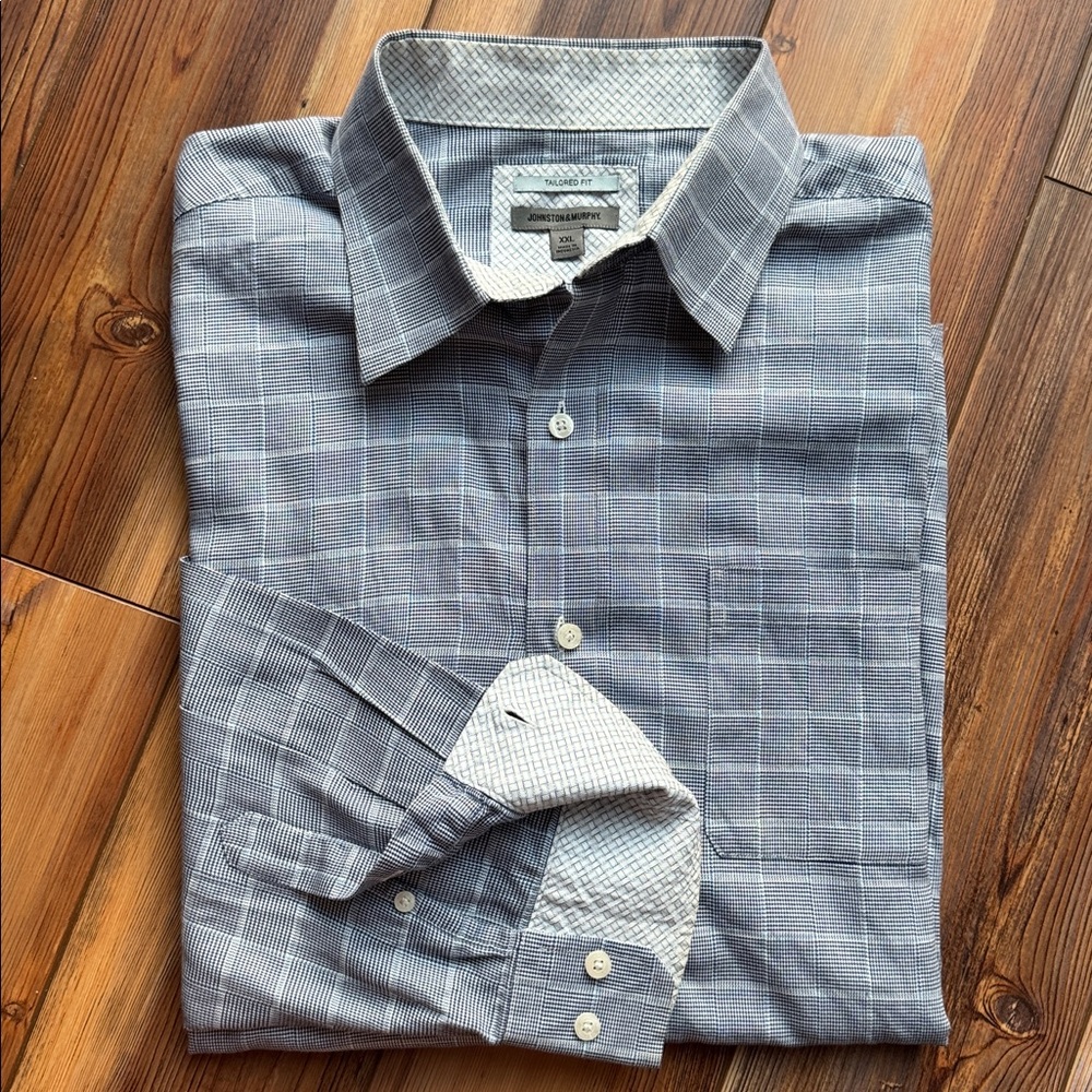 Johnston & Murphy Tailored Fit Dress Shirt XXL Blue Gray Check Contrast Cuff